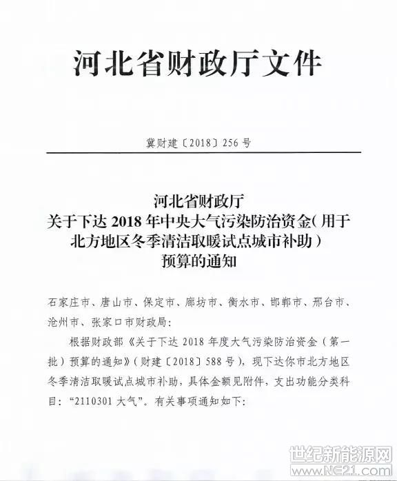 关于下达2018年中央大气污染防治资金（清洁取暖试点城市补助）预算的通知