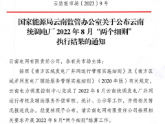 云南统调电厂2022年8月“两个细则”执行结果公布